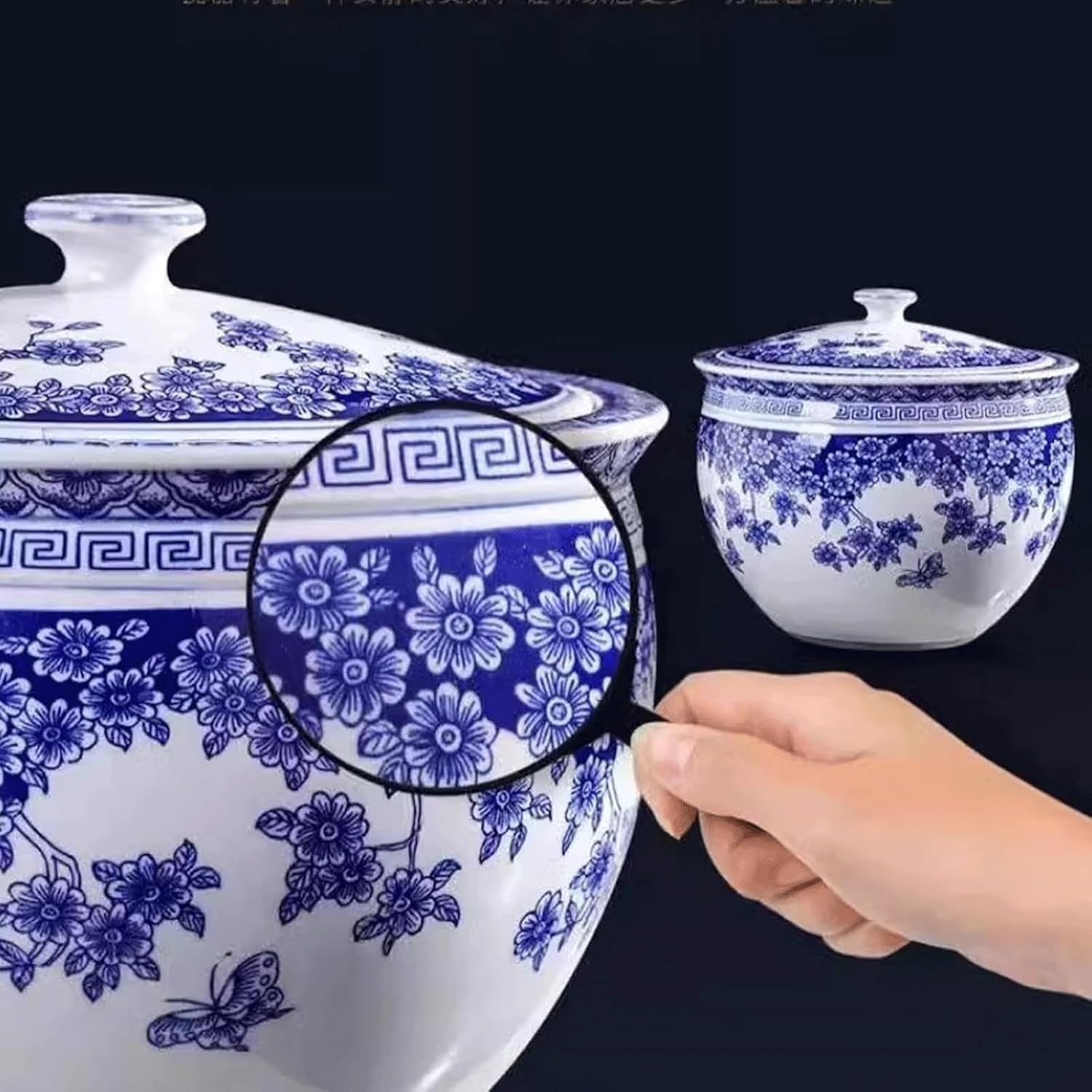 Blue Ceramic Rice Storage Jar Airtight Grain Container with Lid