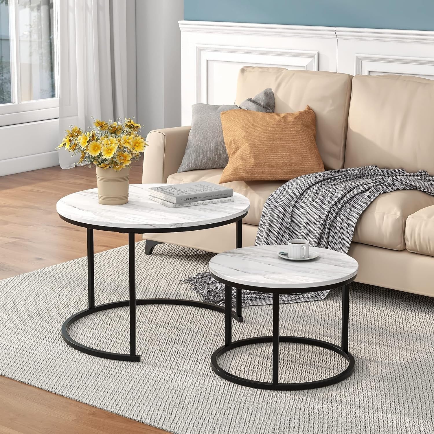 Round Nesting Coffee Table Set of 2 – Space-Saving Living Room Side Tables White