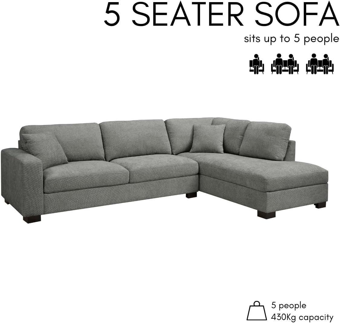 L-Shape Large Corner Sofa 5 Seater Grey Chenille Right Hand Facing