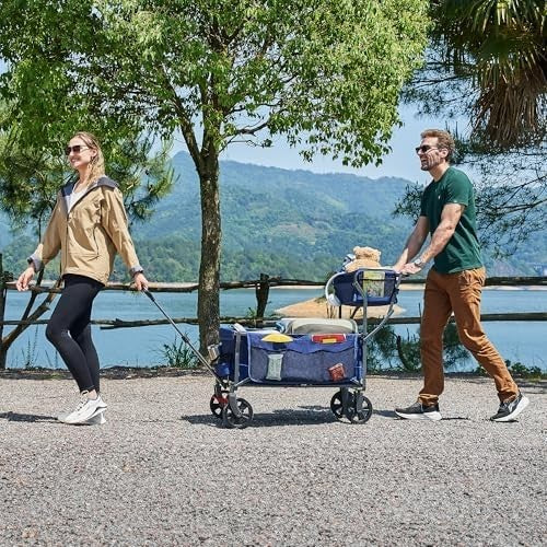 Foldable Heavy Duty Festival Trolley Push & Pull Wagon with Basket Blue
