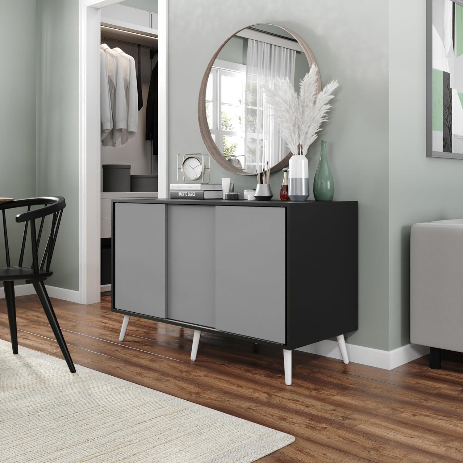 Black Grey 3 Door Sideboard Cabinet Storage Unit with Sliding Doors Modern