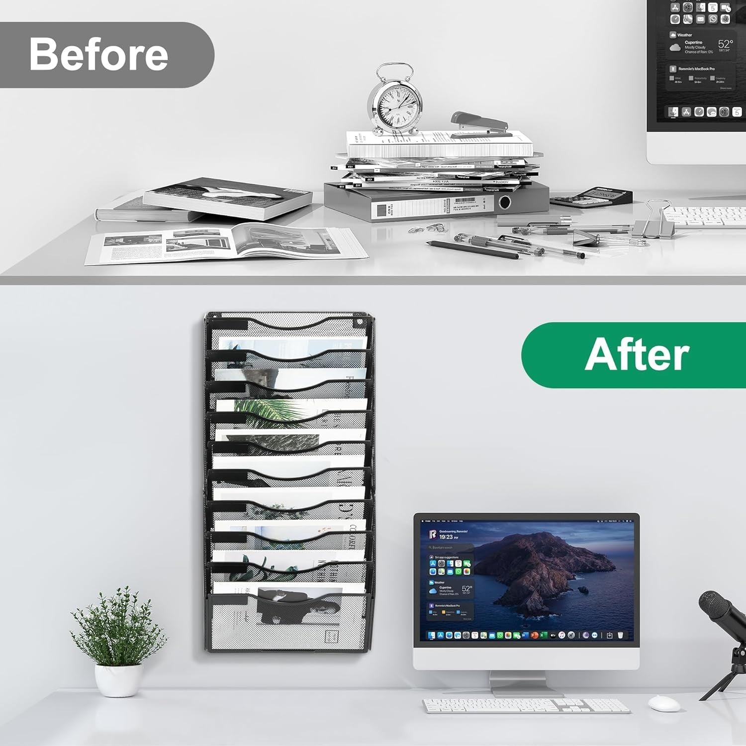 Wall-Mounted 10-Pocket Metal Desk Organizer | Vertical File & Magazine Rack