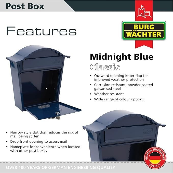 Wall Mounted Lockable Steel Post Box Midnight Blue Weatherproof 36x37x13cm