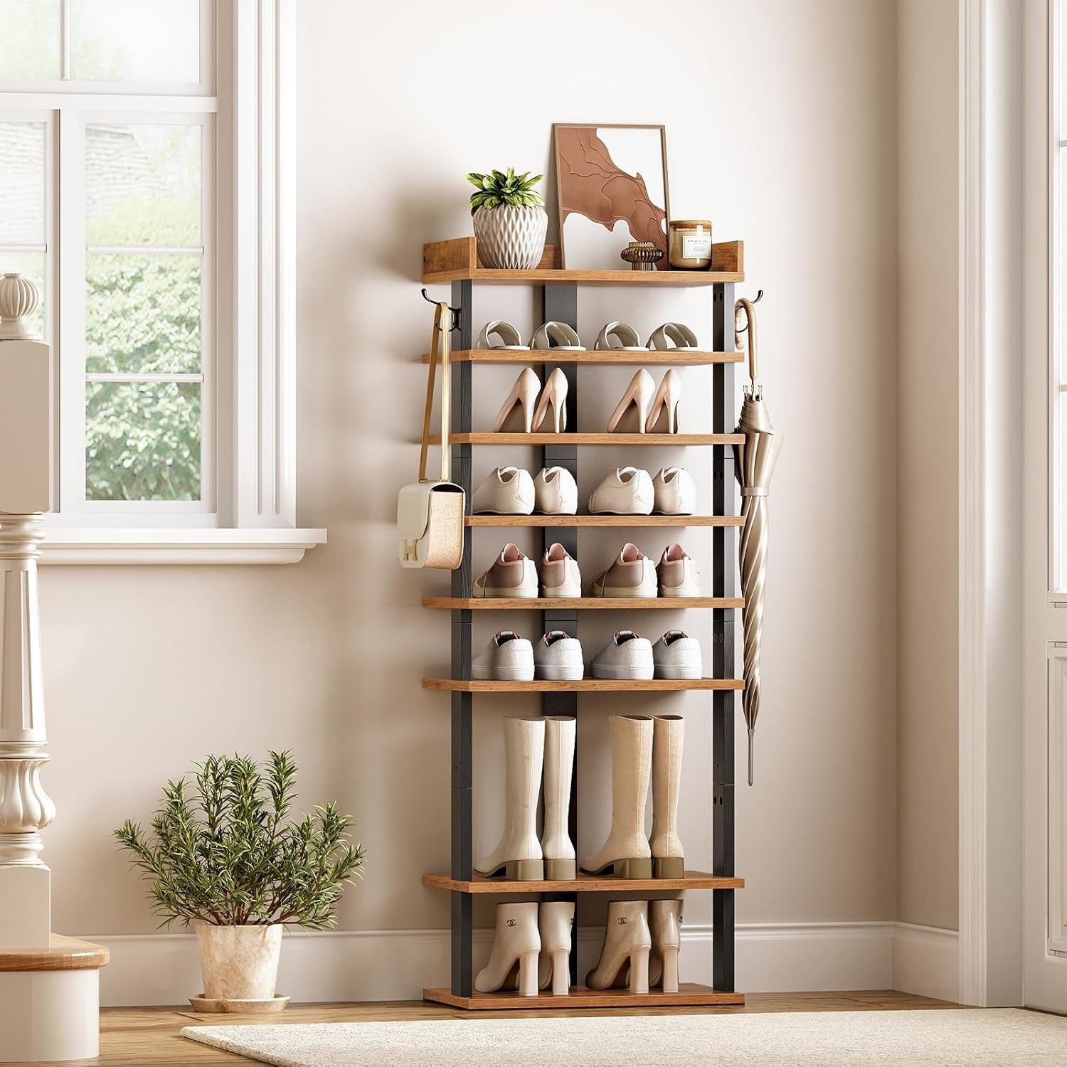 9-Tier Tall Slim Shoe Rack – Rustic Vertical Organizer for Small Spaces