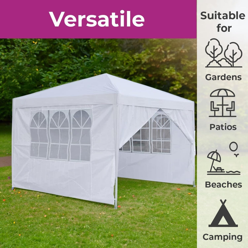 3x3M White Pop Up Gazebo Waterproof Garden Party Tent With Sides & Carry Bag