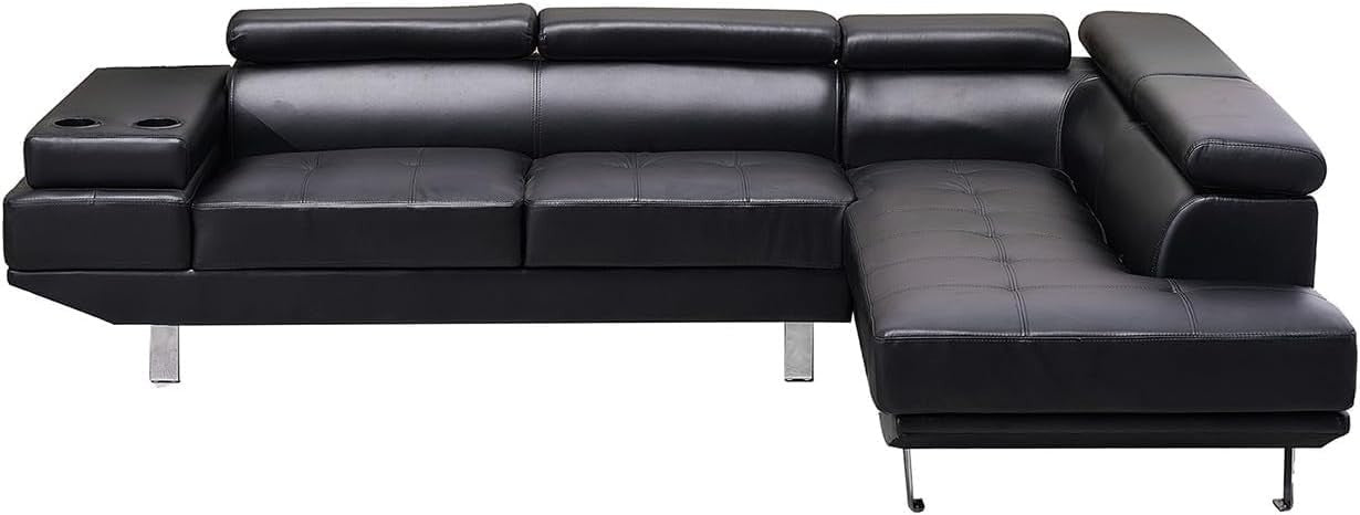 Black Bonded Leather L-Shape Corner Sofa with Adjustable Headrests & Cup Holders