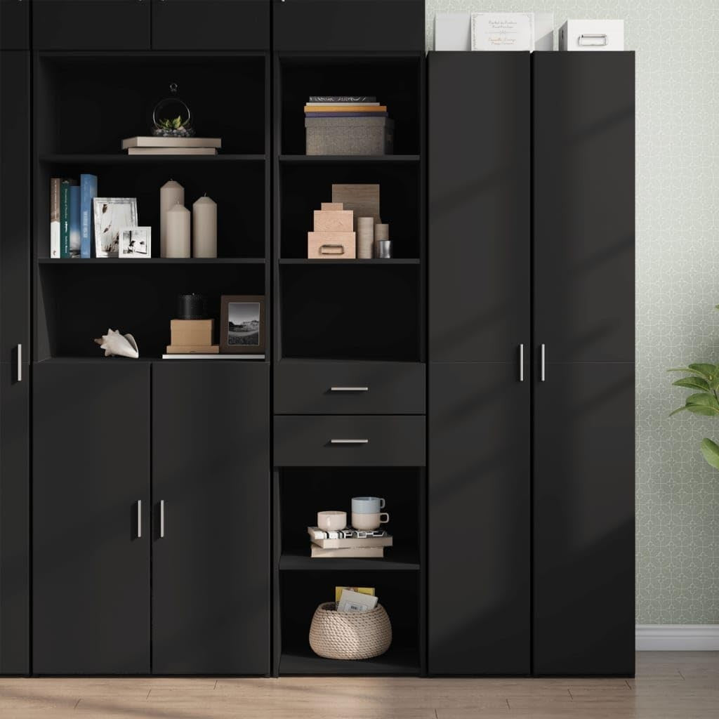 Tall Black Storage Cabinet 45x42.5x185cm – Slim Modern Unit with Drawers