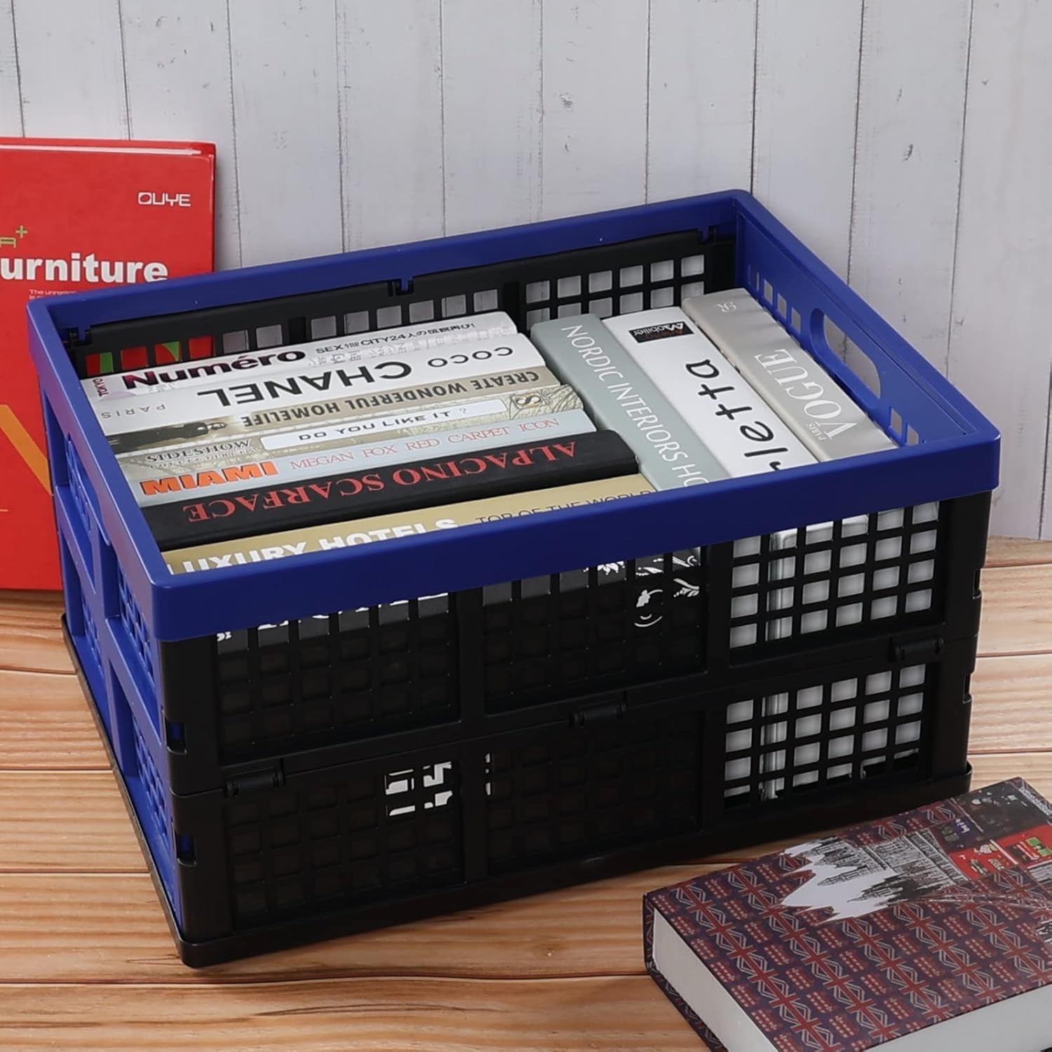 4 Pack 32L Folding Plastic Storage Crates Stackable 44.5x33.6x23cm