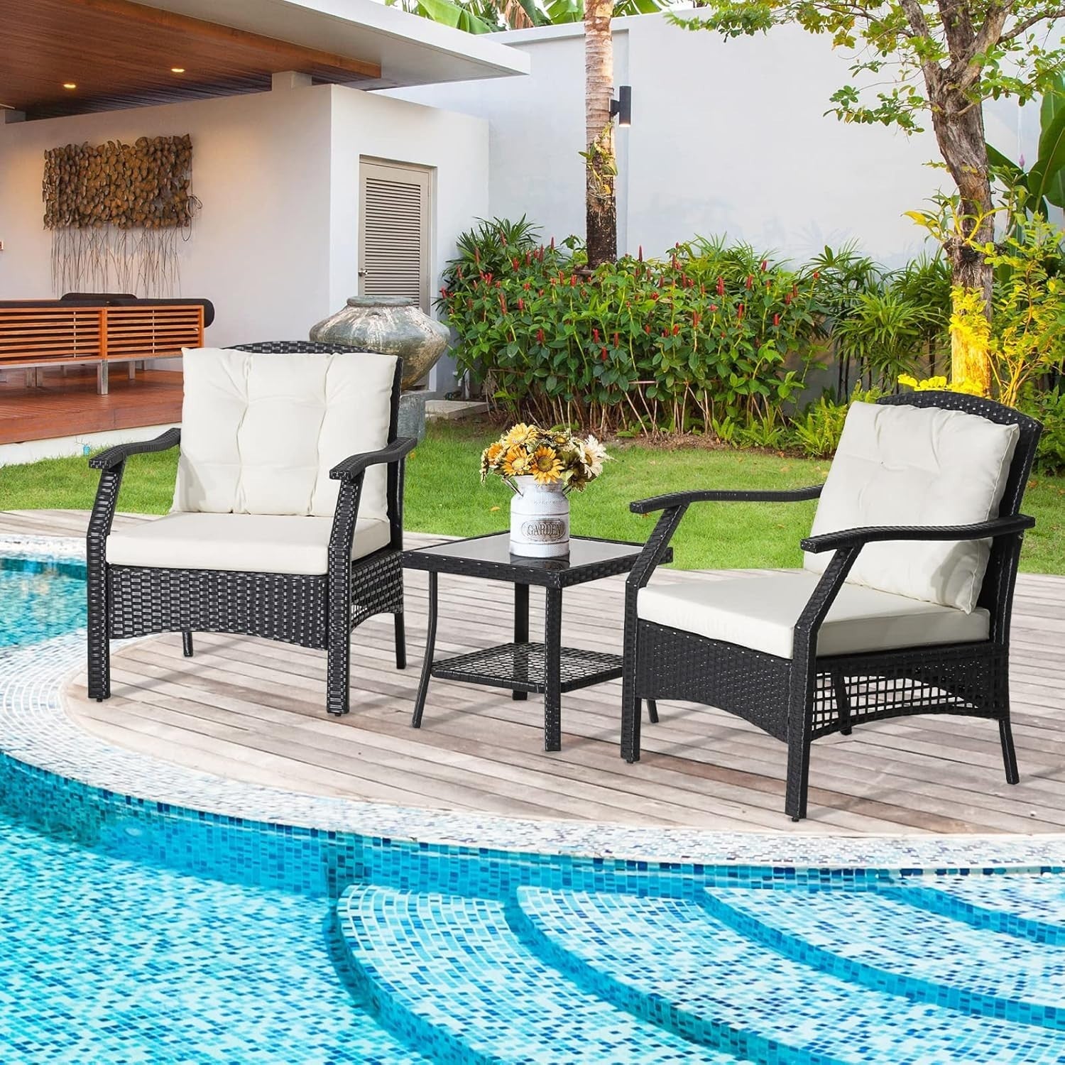 Outdoor Rattan Bistro Set 3-Piece Patio Sofa Table Chairs Cushions Garden