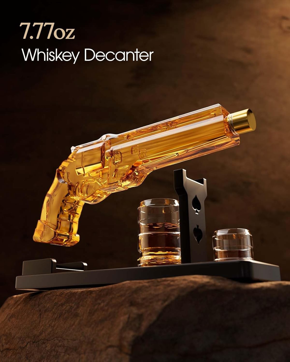 Gold Gun Whiskey Decanter Set with 2 Glasses Display Stand Unique Bar Gift