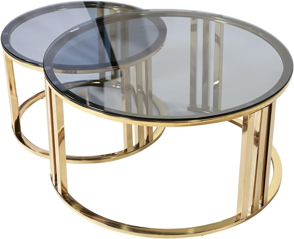 Round Glass Coffee Table Gold Metal Legs Modern Living Room Sofa Side Table