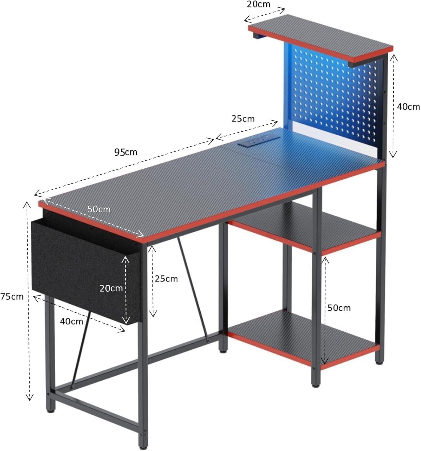 Gaming 120x50cm Desk w/RGB LED, Power Hub, Pegboard & Reversible Shelf Black