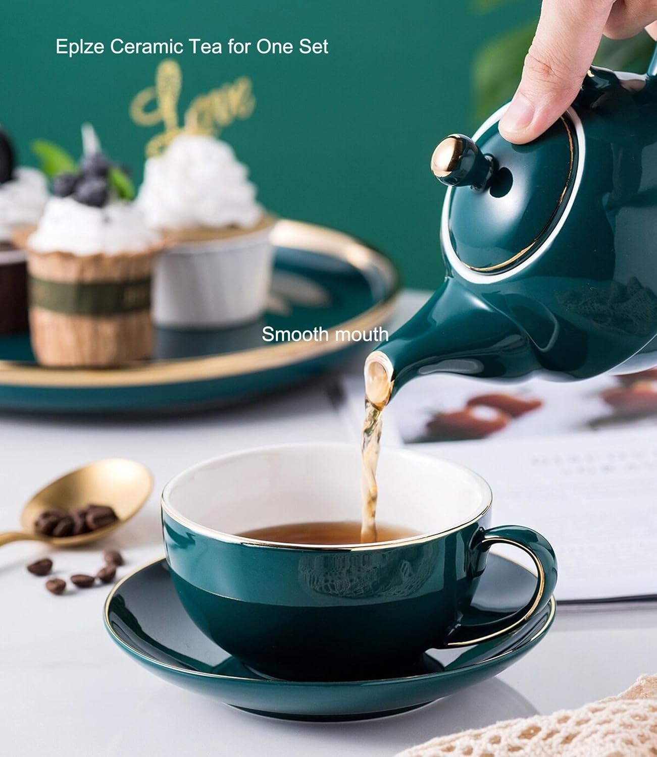 Tea For One Set Peacock Green Teapot Cup Saucer Ceramic Gift 350ml