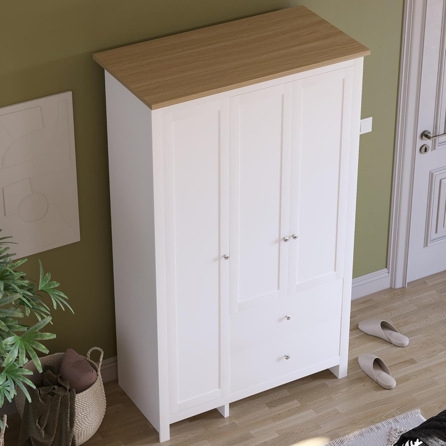 3 Door Wardrobe with Drawers & Clothes Rail - White Storage Cabinet 180cm