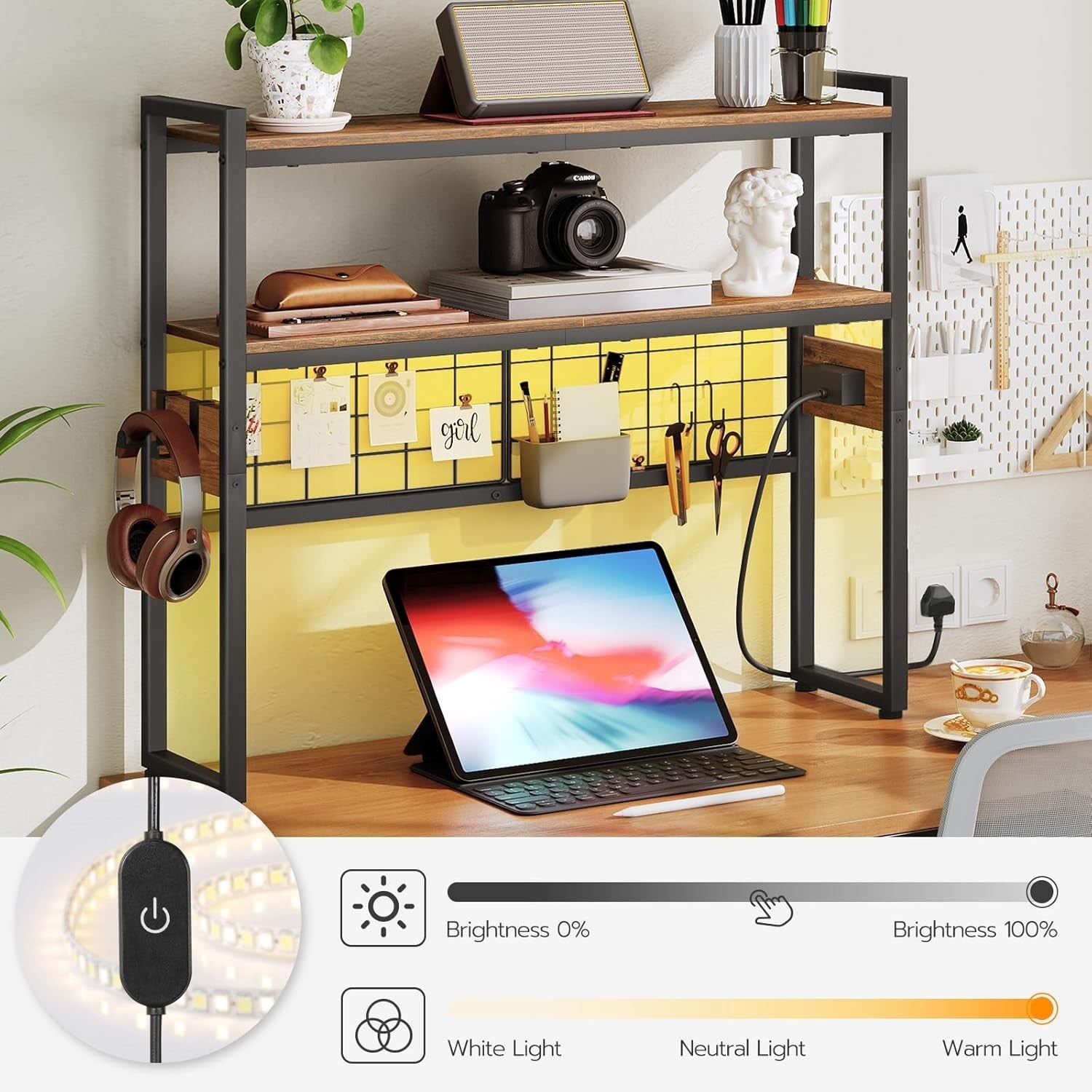 76cm Rustic Desk Hutch – 2-Tier Desktop Bookshelf w/ Outlets & LED Lighting