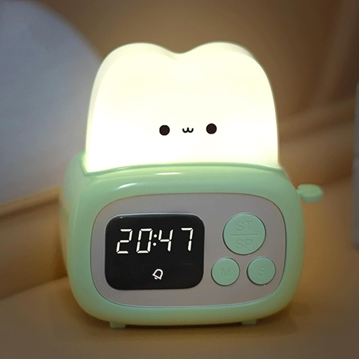 Cute Digital Alarm Clock Night Light USB Rechargeable Kids Bedside Clock