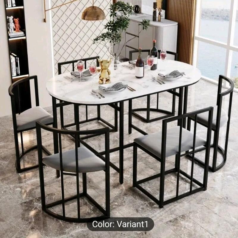 6 Seater Marble Dining Table Set – Modern Black Frame + Cushioned Chairs