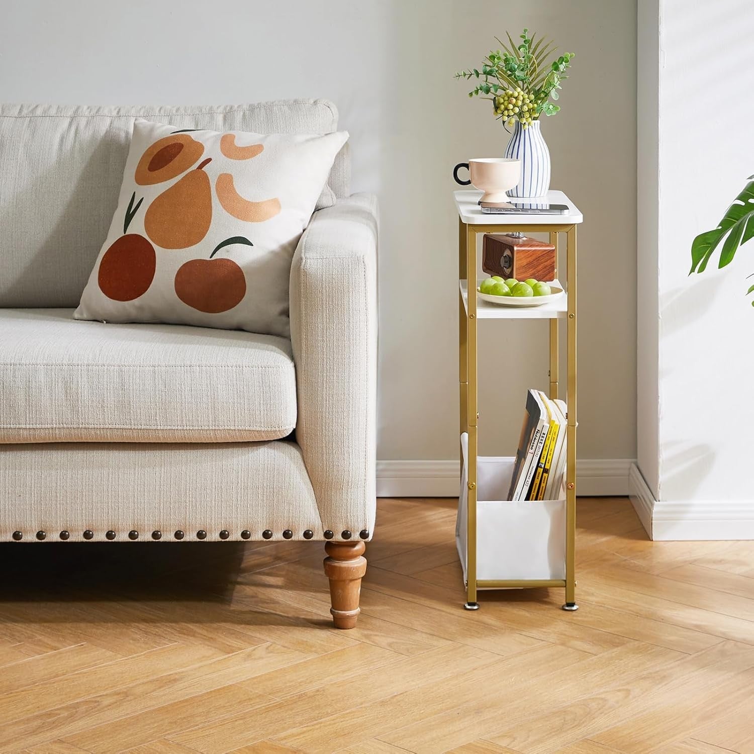 Slim White & Gold 3-Tier Side Table with Storage Basket – Narrow Bedside/End Tab