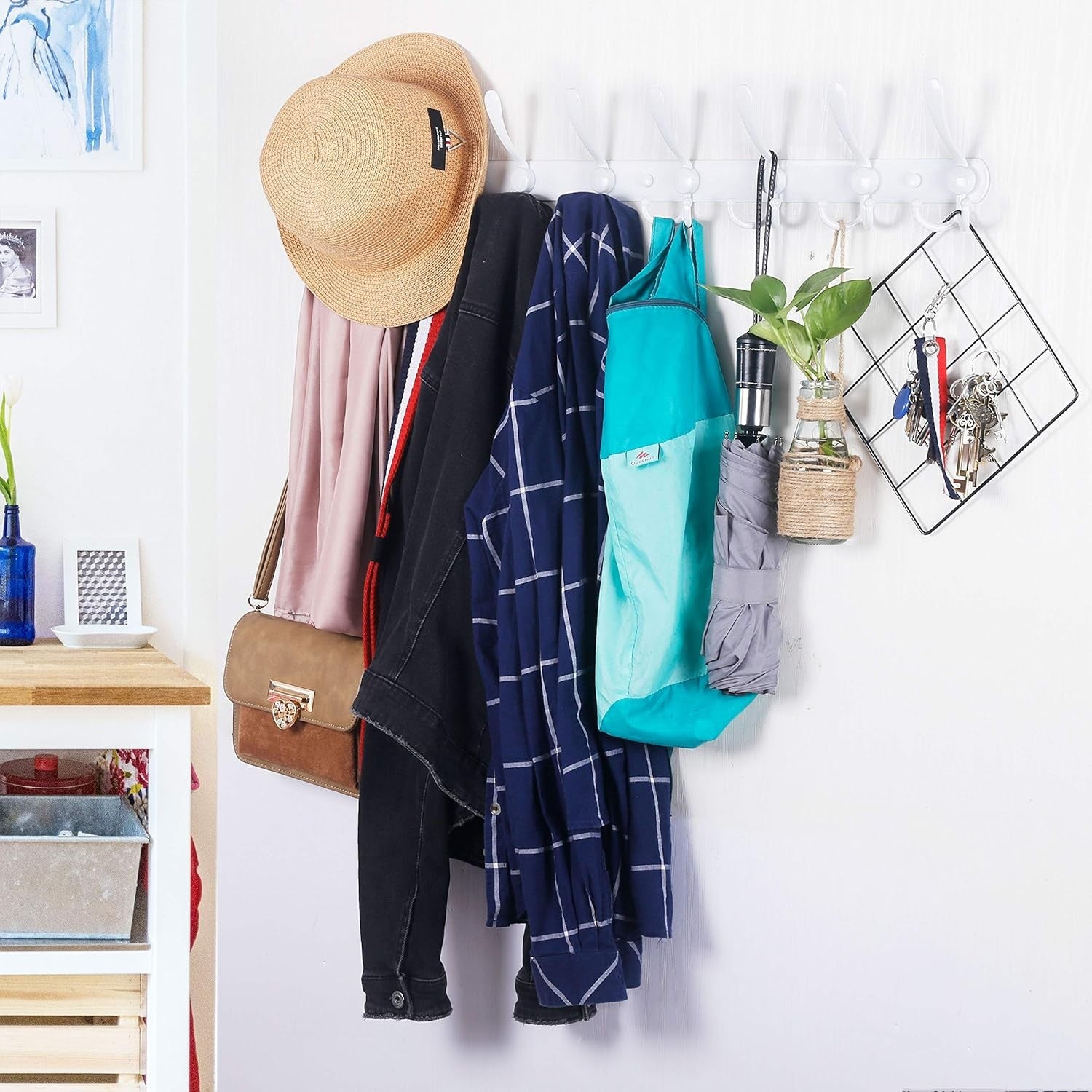 75cm Wall Mounted Coat Rack with 8 Hooks | White Metal Hook Rail Hanger