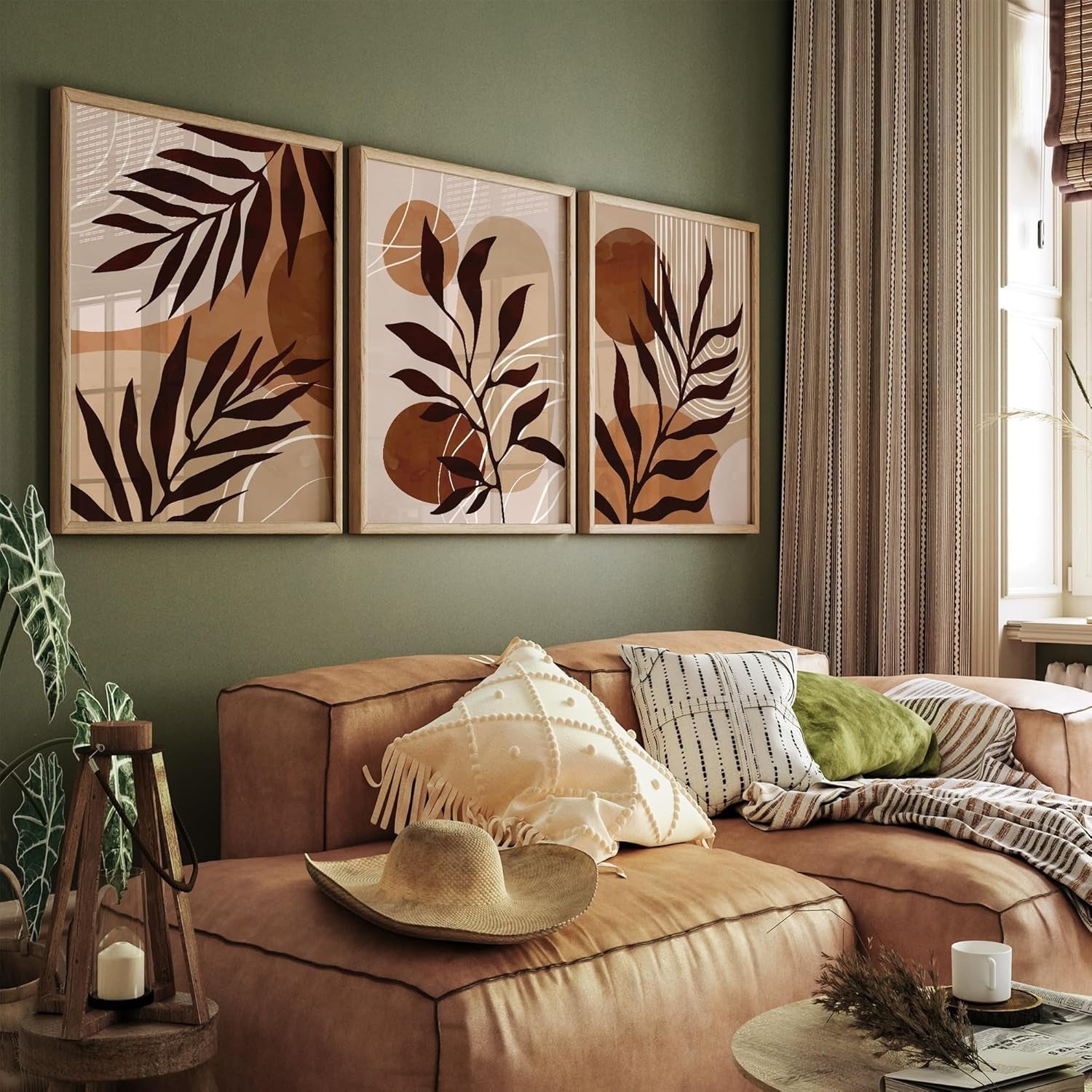 Set of 3 Boho Abstract Wall Art Prints Beige Brown Modern Living Room Decor