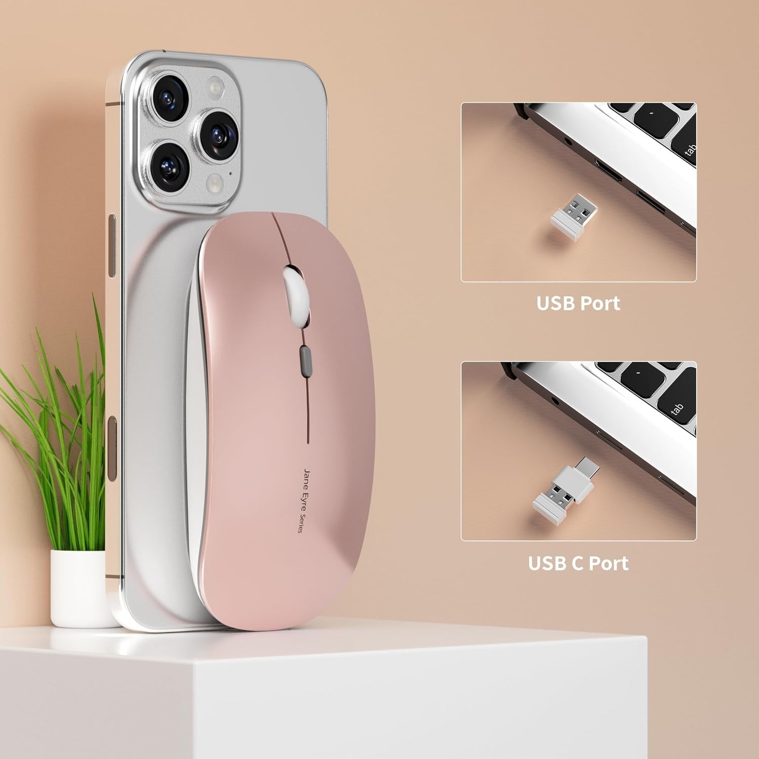 Wireless Rechargeable Mouse Silent Slim 2.4G 1600 DPI Rose Gold