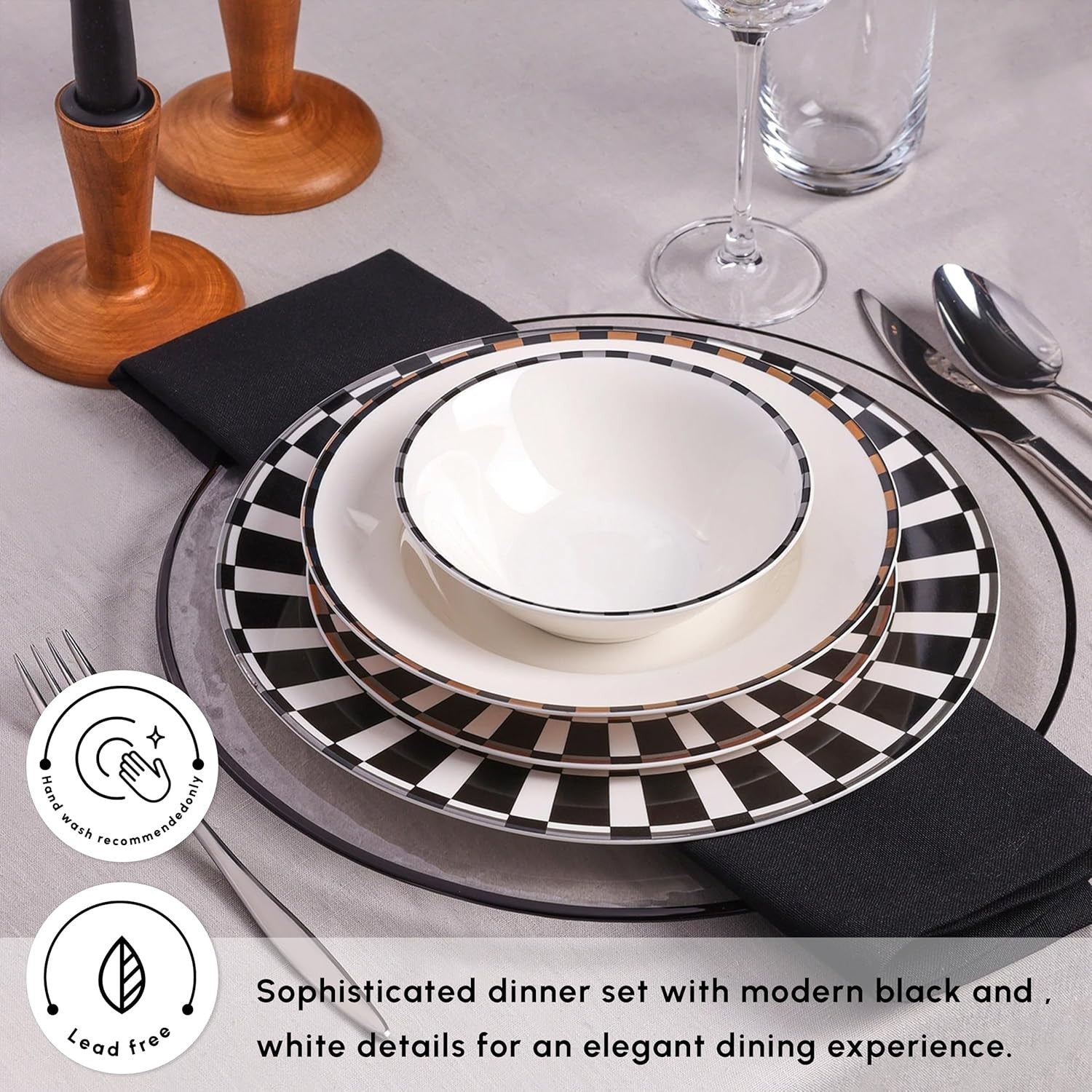 24pc Black White Dinner Set for 6 Bone China Plates Bowls Luxury Checked