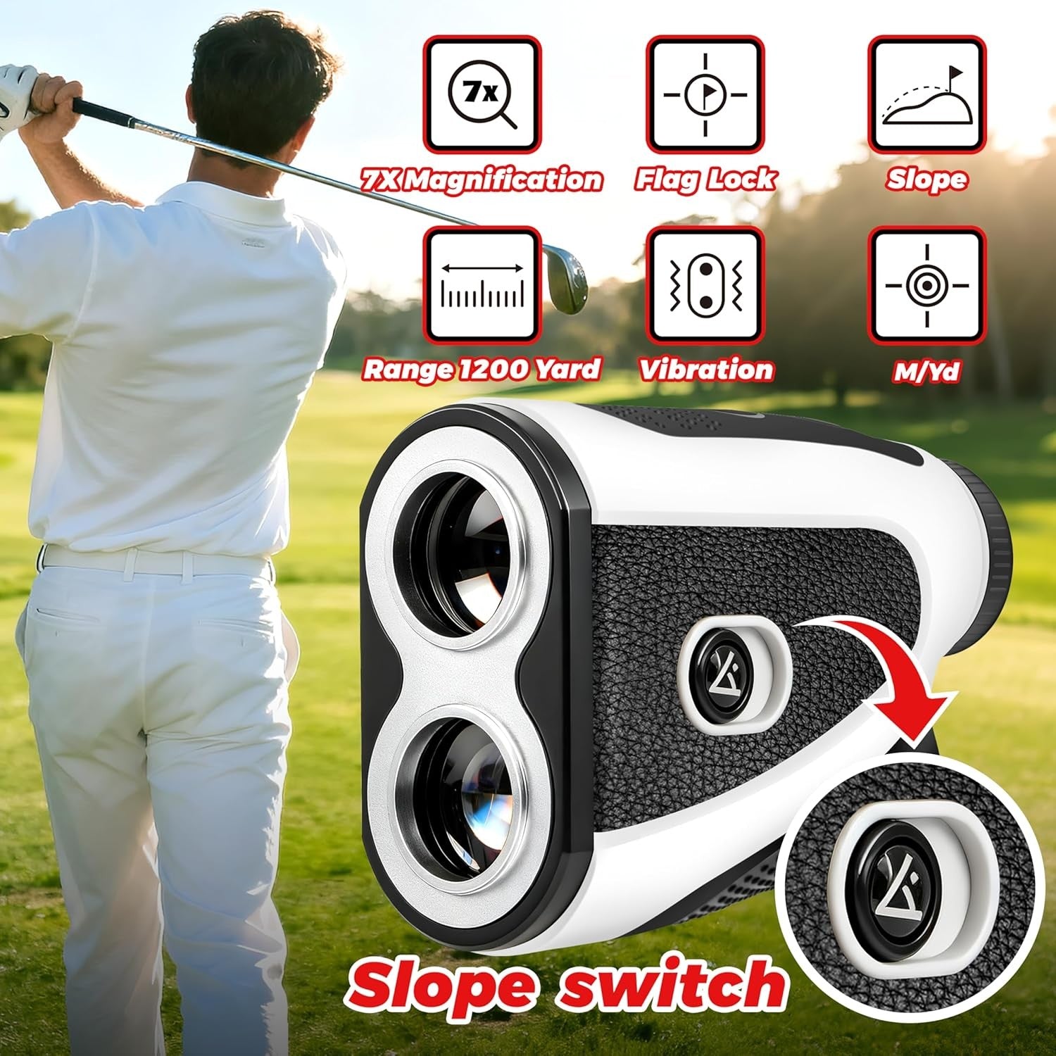 Golf Laser Rangefinder 1200 Yards Slope Lock 7X Rechargeable