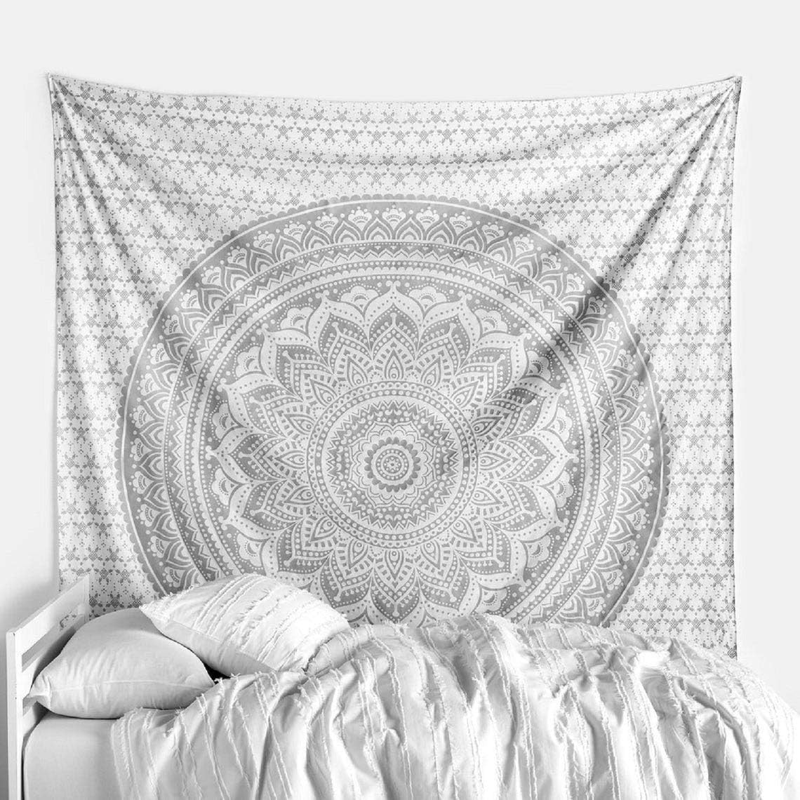 Glittering Silver Grey Mandala Tapestry Boho Wall Hanging Cotton 85x90in