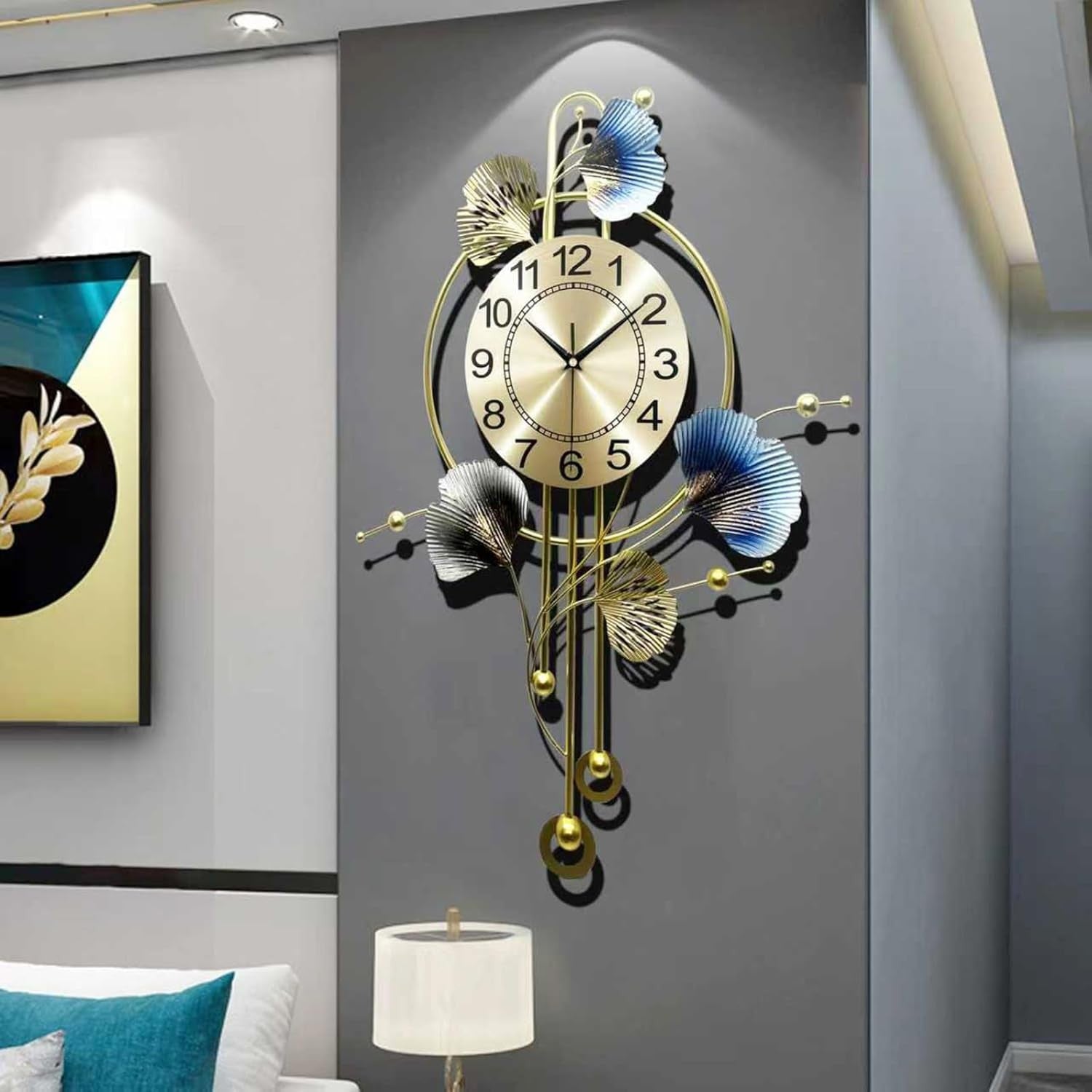 70×52cm Blue Ginkgo Leaf Wall Clock – Luxury Silent Metal Art Pendulum Home Deco