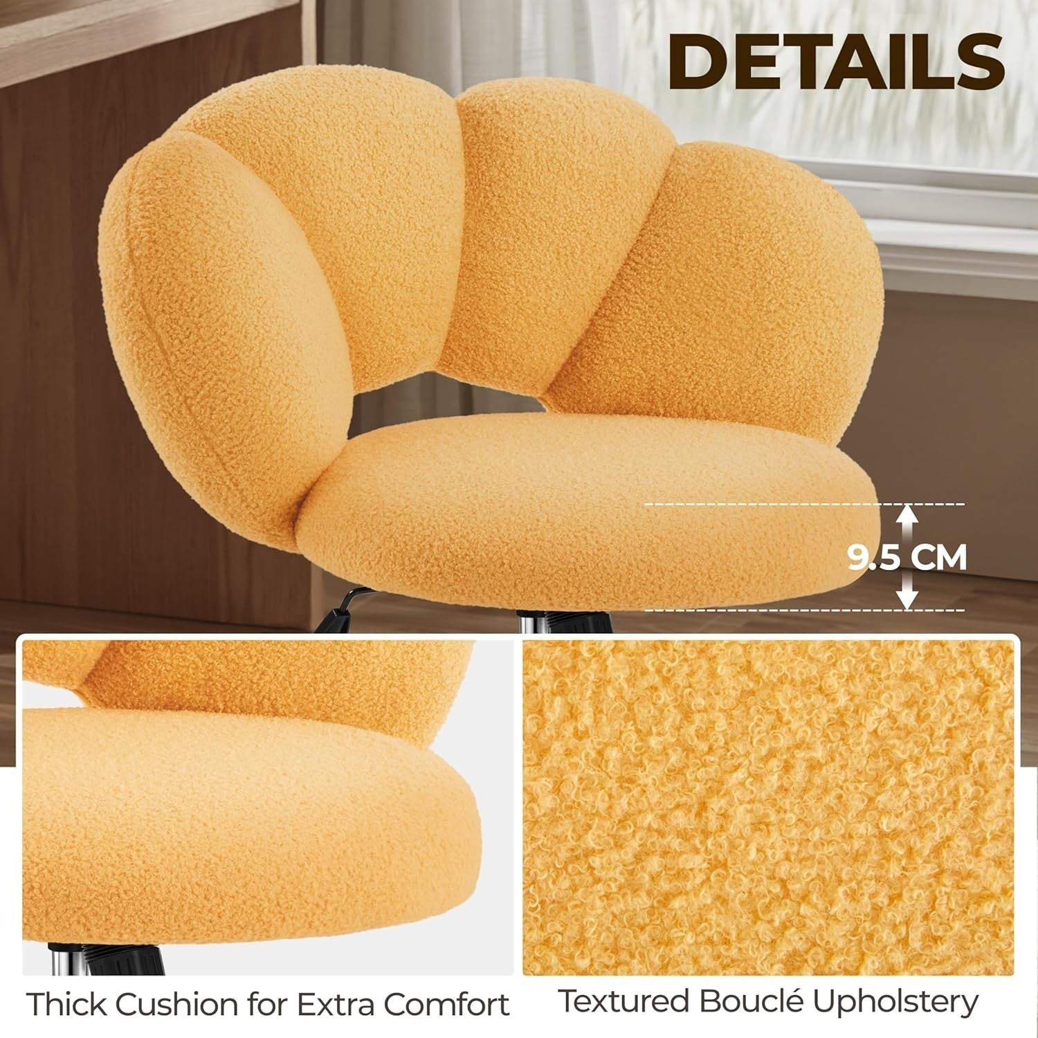 Yellow Boucle Cloud Vanity Chair Swivel Adjustable Desk Chair with Wheels