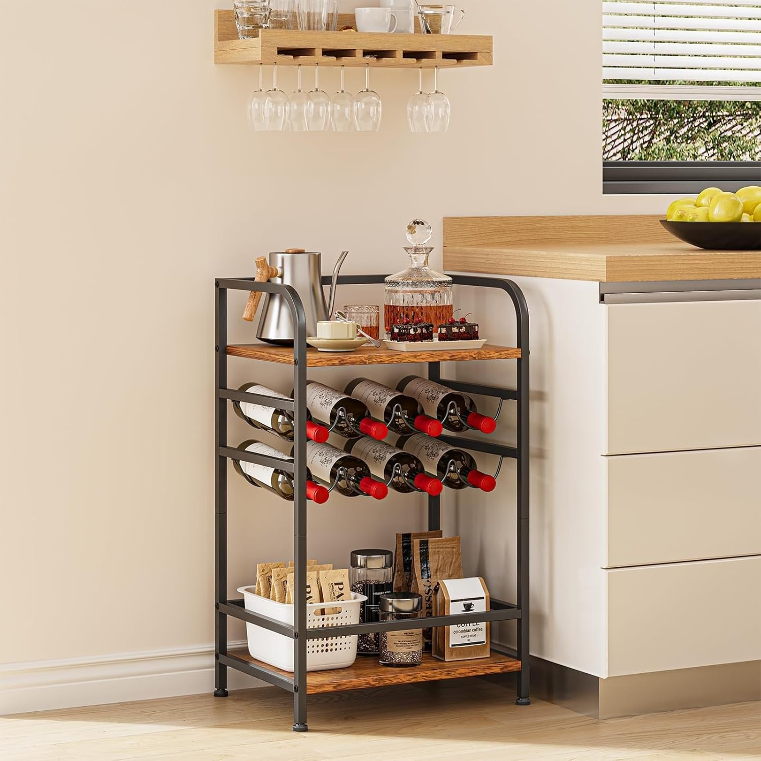Free Standing Wine Rack with Shelves & Table Top 8 Bottle Storage Metal Wood Bar