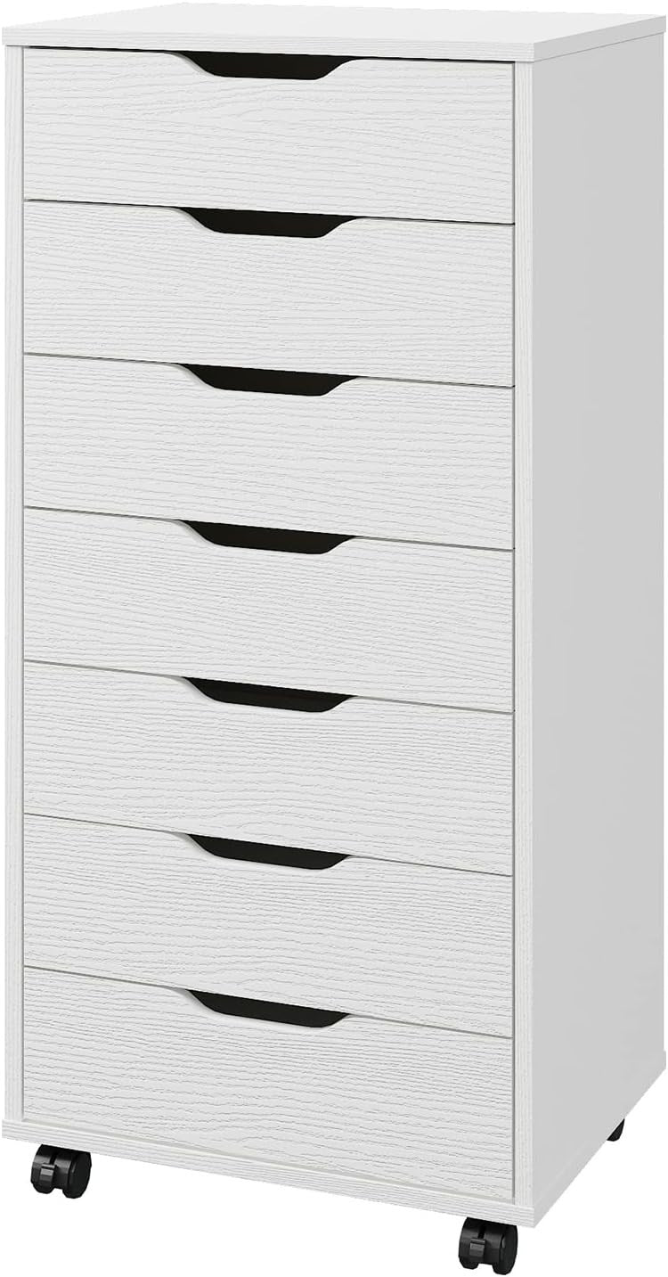 7 Drawer Mobile Filing Cabinet with Wheels Office Storage Chest White
