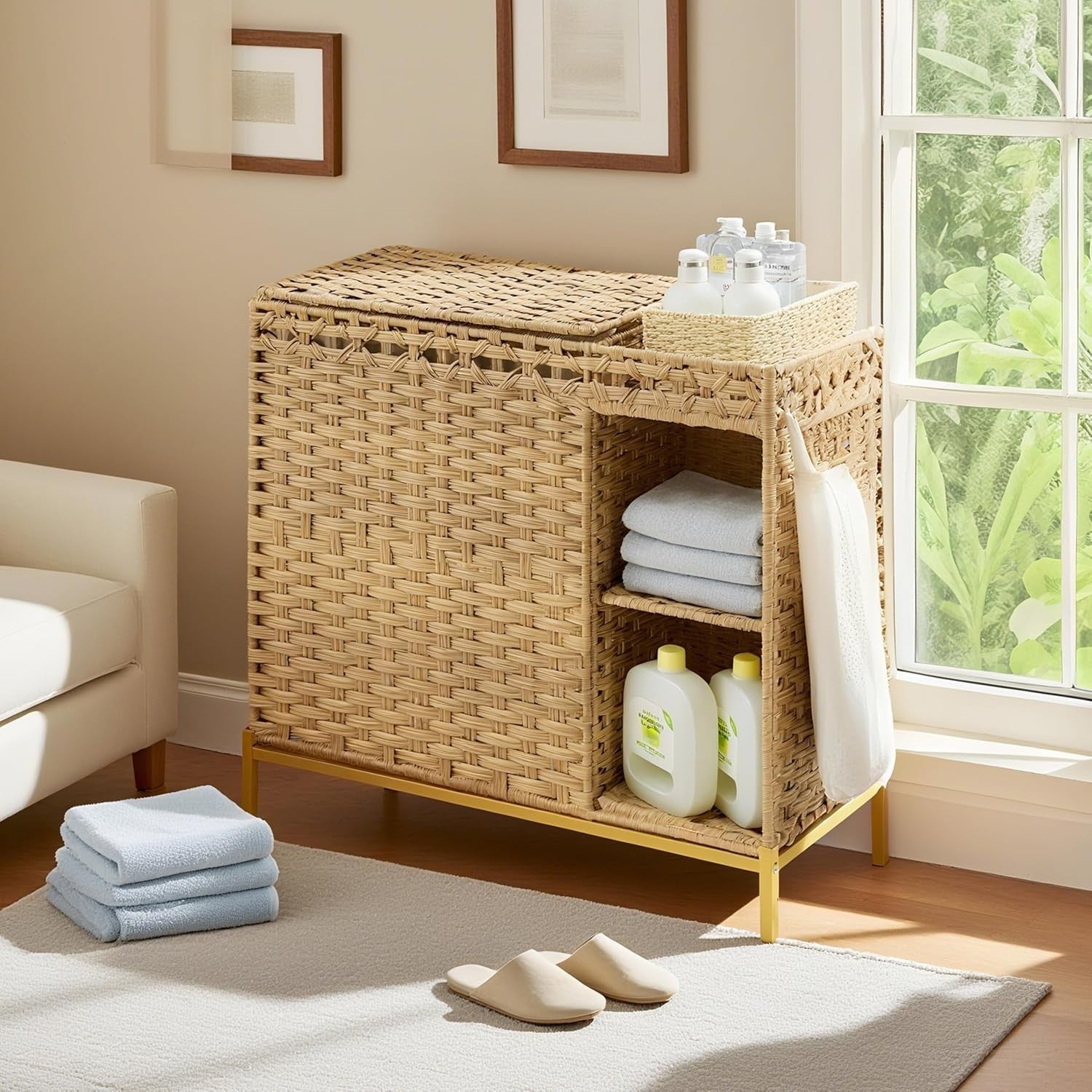 110L Rattan Laundry Hamper with Lid 3 Bags Storage Shelf Wicker Organizer Unit