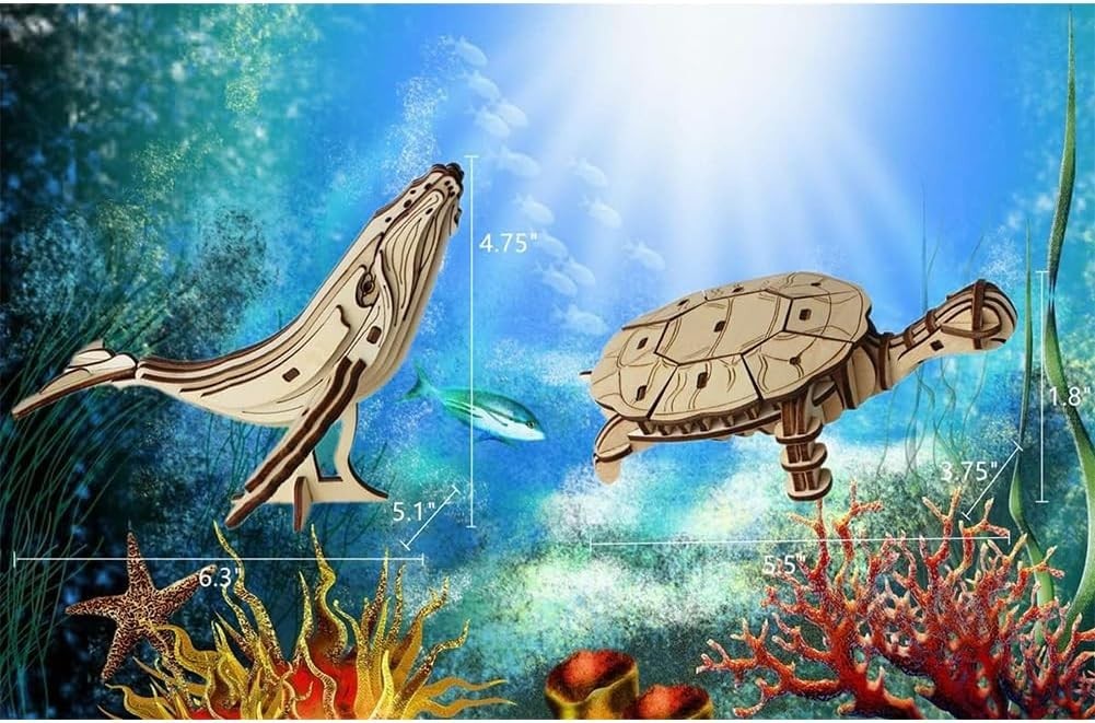 Wooden 3D Sea Life Puzzle Set – 6 Marine Animal Models with Stands, DIY Kit