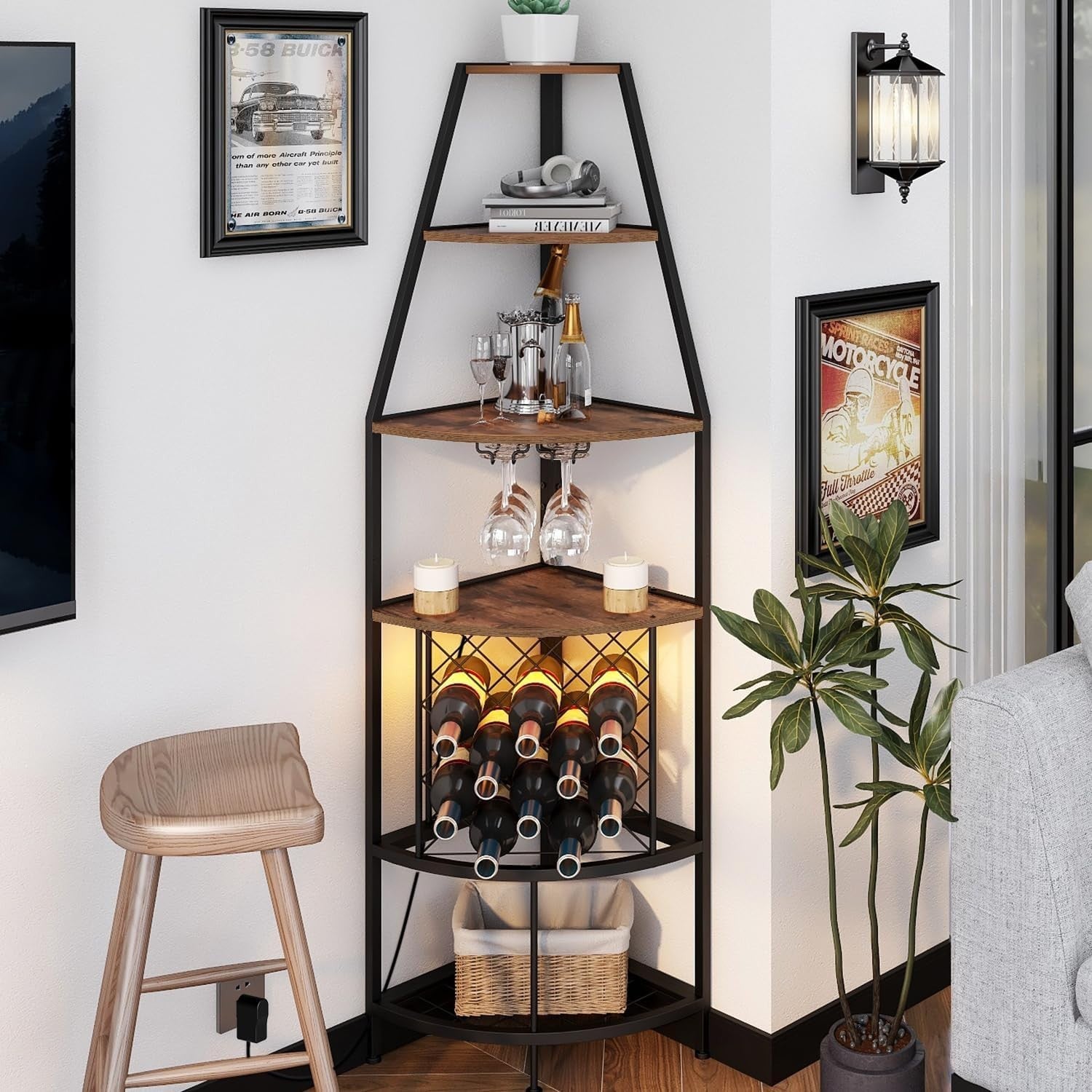 5 Tier Corner Wine Rack with LED Light | Home Bar Shelf Bottle & Glass Storage