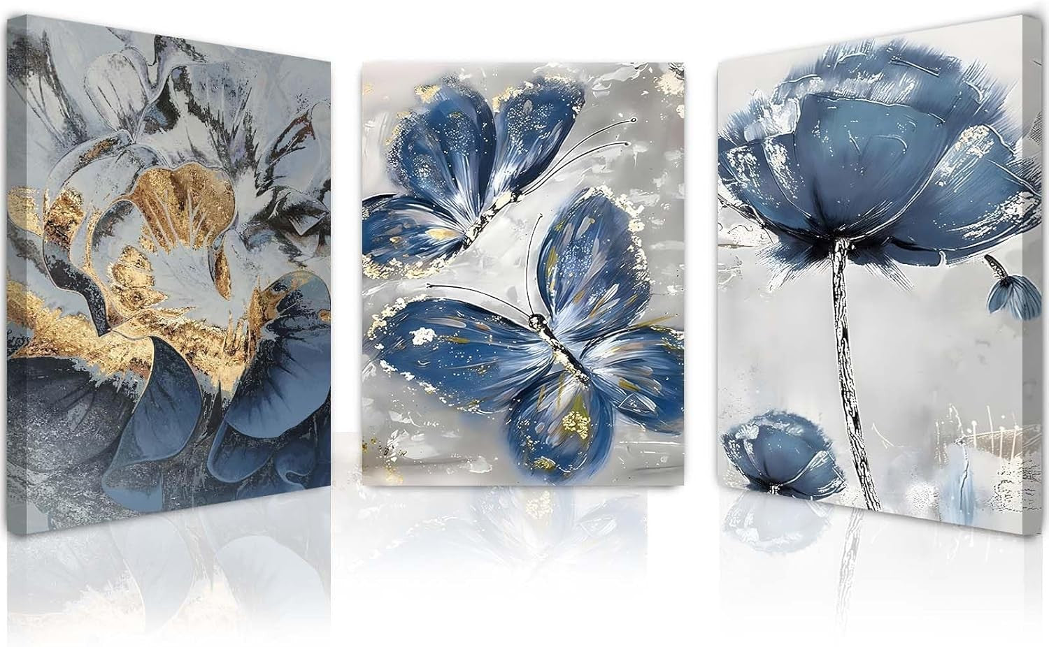 Blue Floral Butterfly Canvas Wall Art Set of 3 Framed Prints 12x16 Decor
