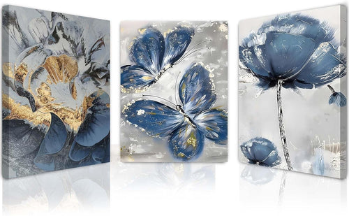 Blue Floral Butterfly Canvas Wall Art Set of 3 Framed Prints 12x16 Decor