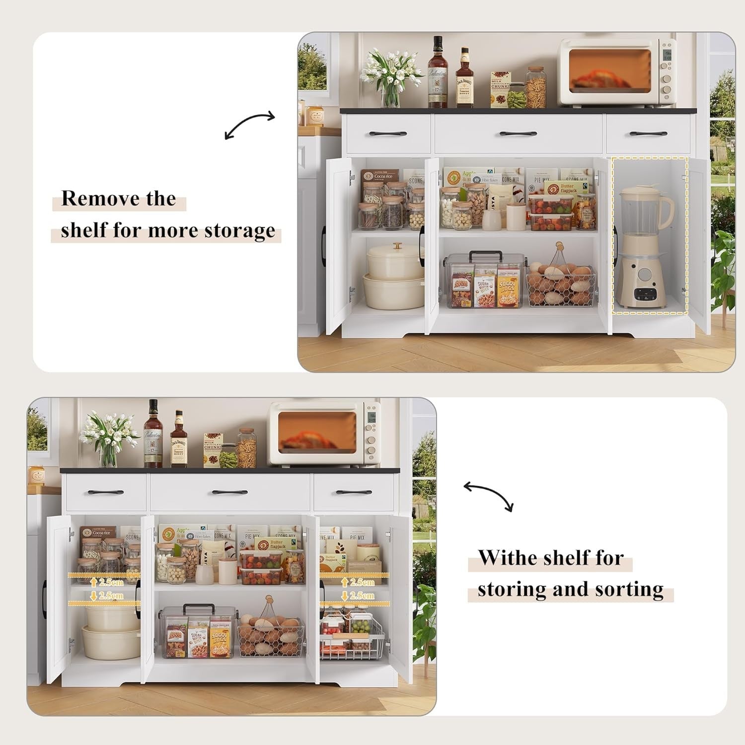 White & Black 140cm Kitchen Sideboard 3 Drawers 4-Door Adjustable Shelf