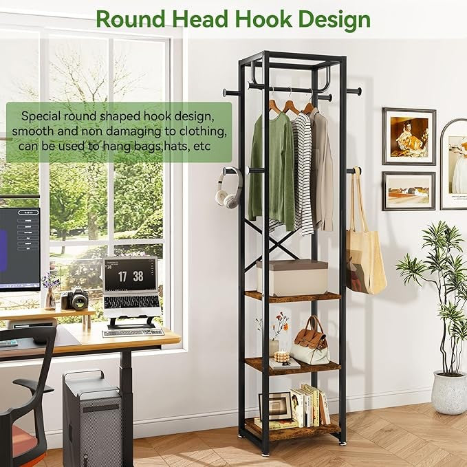 Freestanding Coat Rack with Shelves & Hooks | Industrial Entryway Organizer