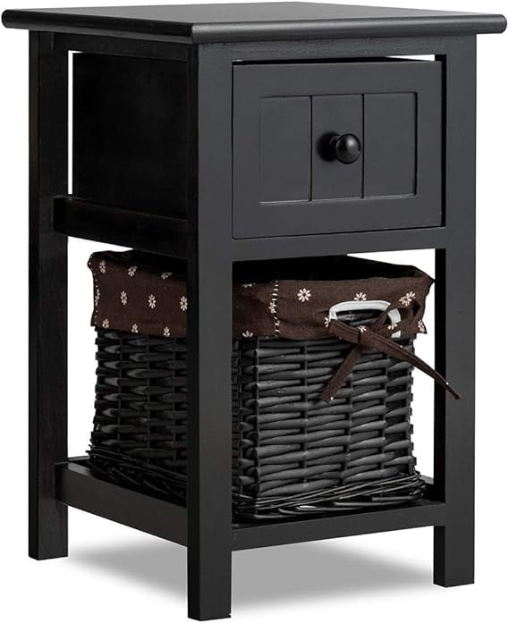 Modern Solid Wood Bedside Table with Drawer & Wicker Basket | Slim Nightstand