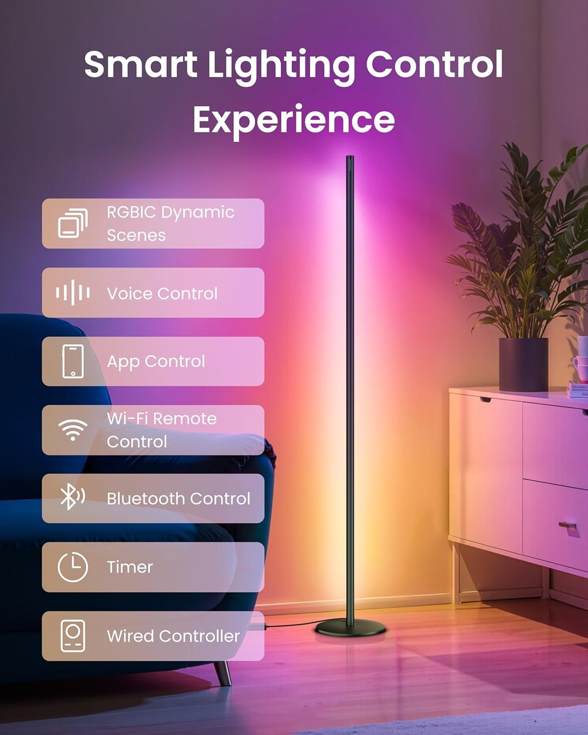 Smart LED Corner Floor Lamp RGB Colour Changing App Voice Control Light