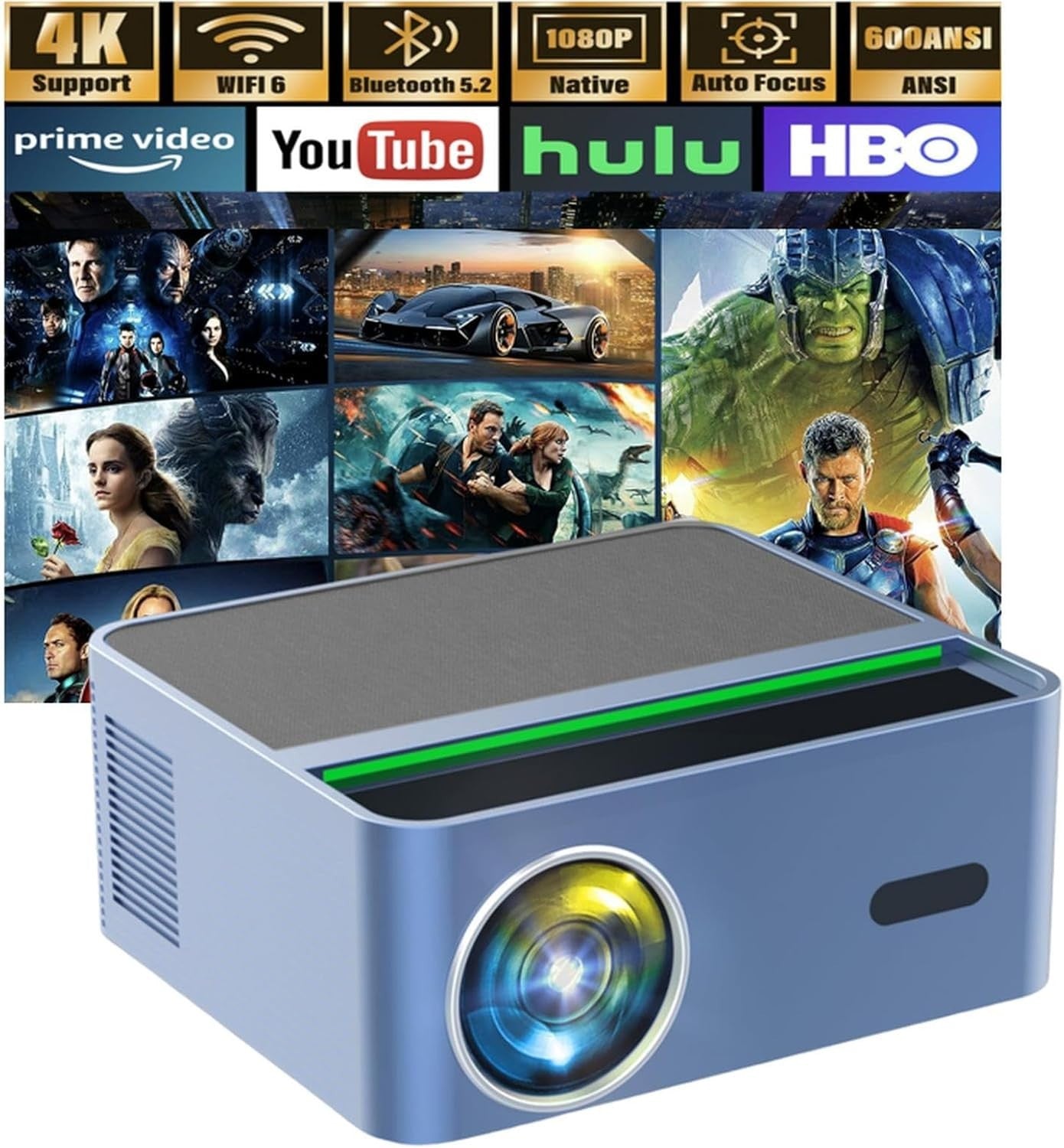 4K Smart Mini Projector 1080P 26000 Lumen WiFi 6 Bluetooth Auto Keystone