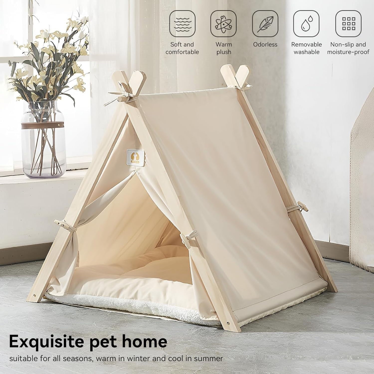 Wooden Pet Teepee Tent Cat Dog House w Cushion Indoor Shelter Beige