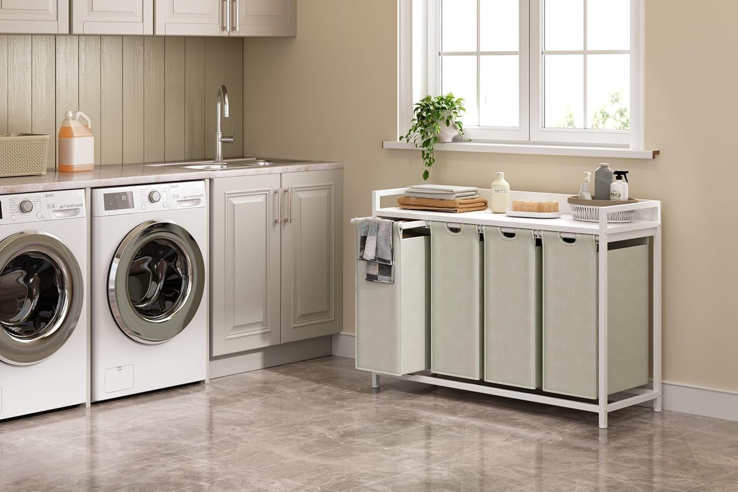 4 Section Laundry Basket with Shelf White Removable Bags Wheels 240L Modern