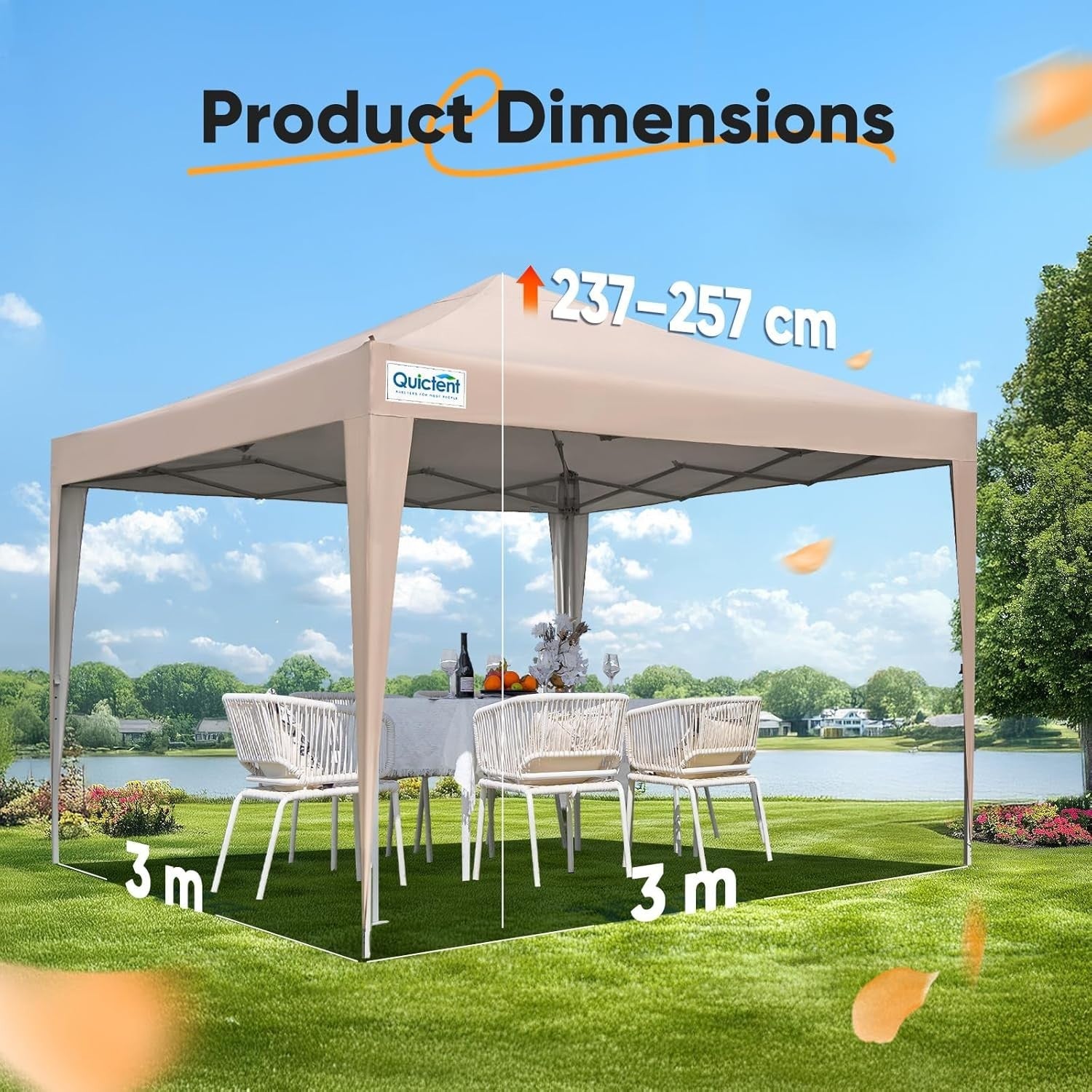 3x3M Beige Pop Up Gazebo With Removable Sides Waterproof Garden Party Tent