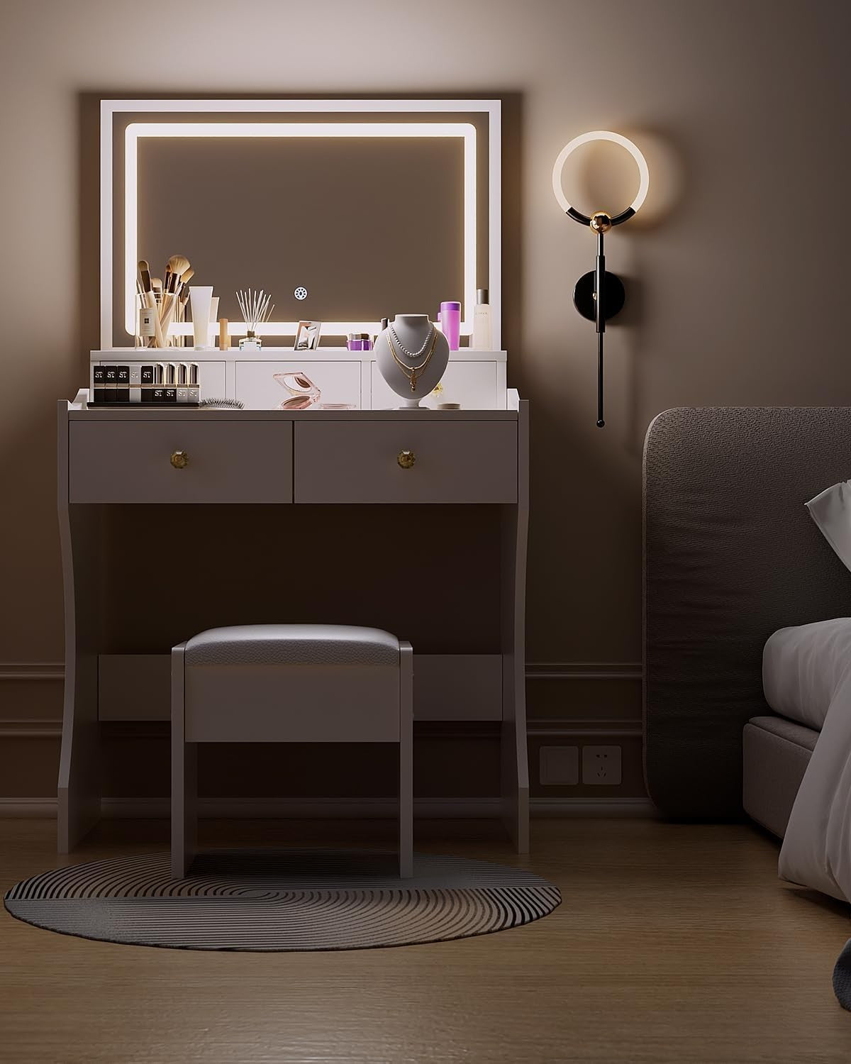 Vanity Dressing Table with LED Mirror & Stool, 5 Drawers, Compact White Wood