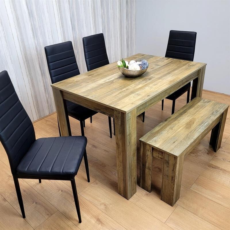 Rustic Dining Table Set with 4 Black Leather Chairs & Bench, 6 Seater