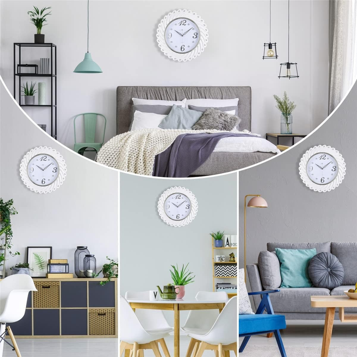 Large White Peacock Feather Wall Clock 43cm Silent Elegant Home Decor