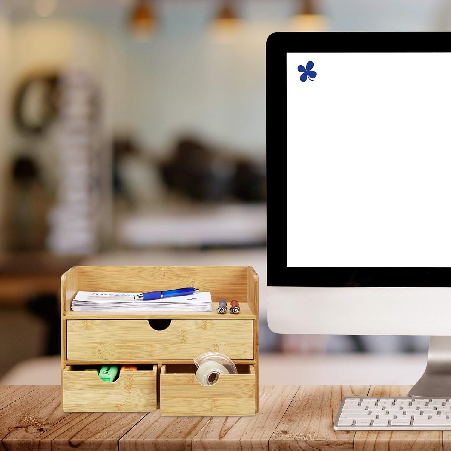 Bamboo Desk Organiser with 3 Drawers & Letter Tray – Compact Office Storage