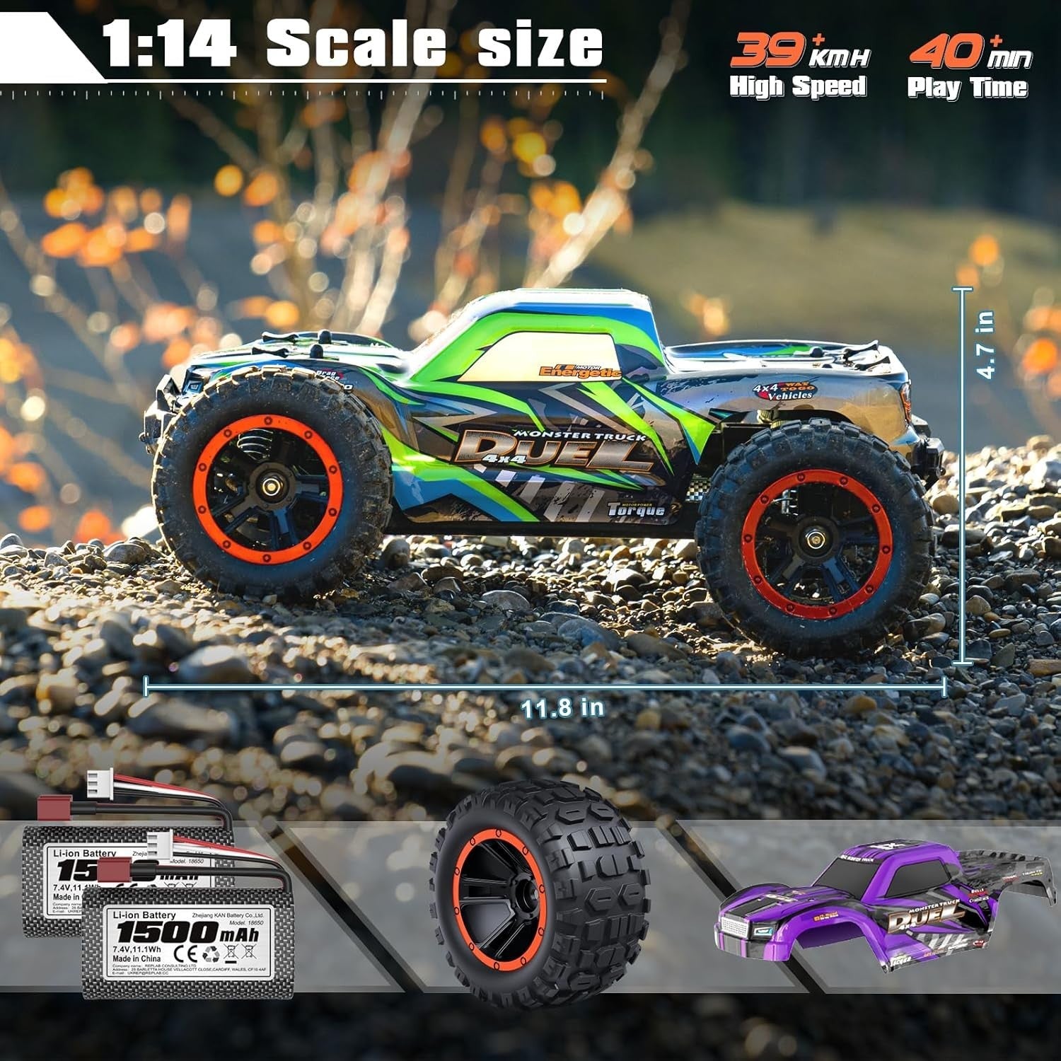 1:14 4WD High Speed RC Car 39KM/H Waterproof Off Road Monster Truck, 2.4GHz Hobb